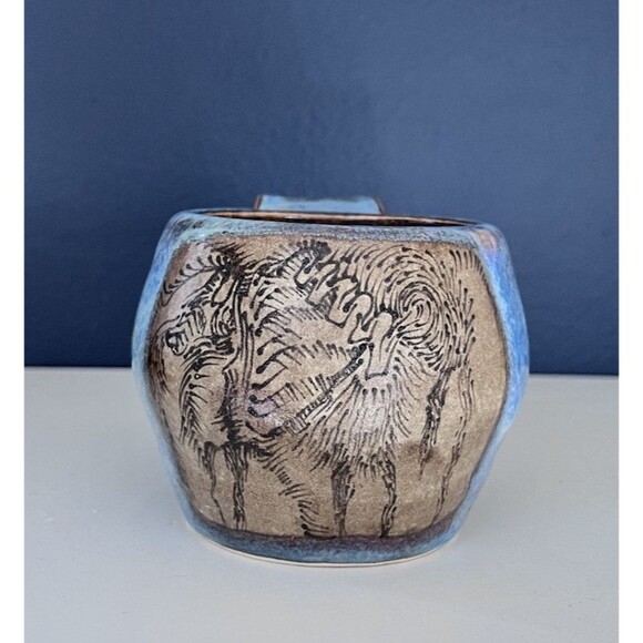 Studio Art Blue Drip Glaze Pottery Mug Artist Signed High Gloss Wide Handle - Picture 2 of 7